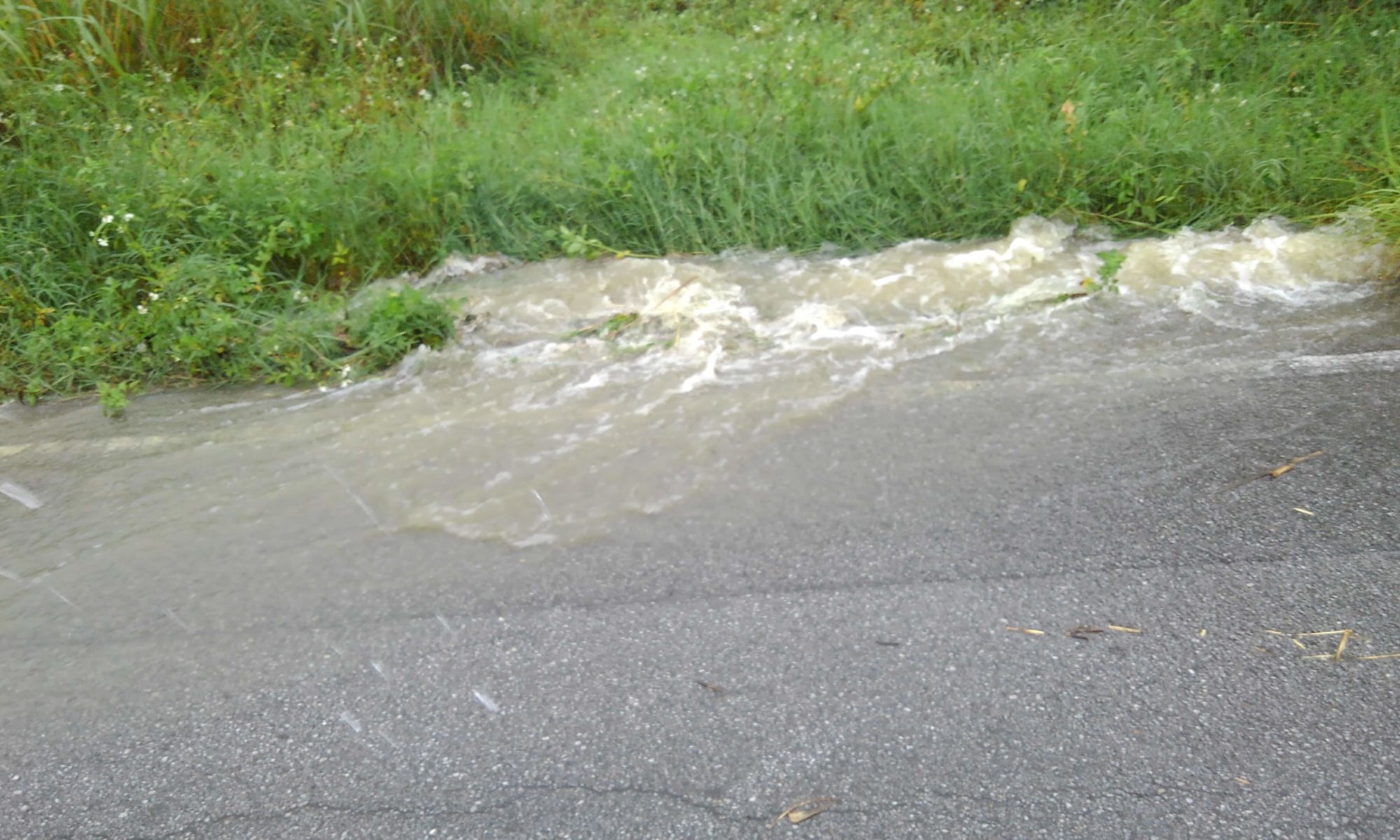 大雨で、排水溝から水が溢れ出てきています